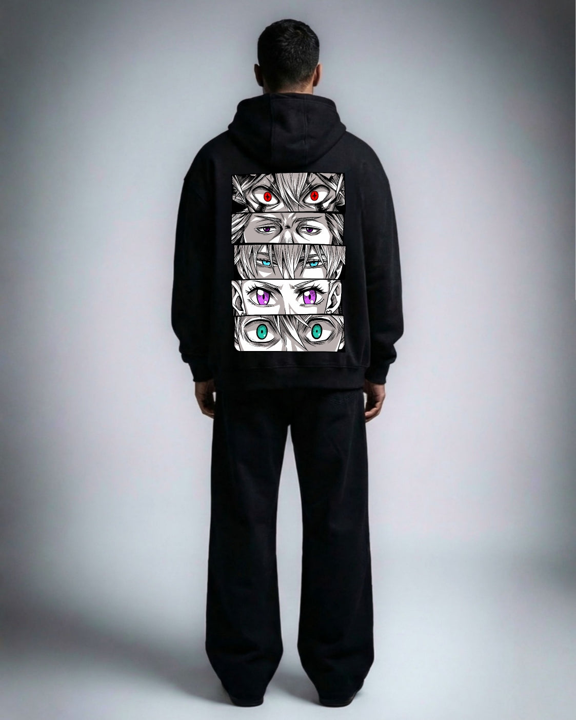 Black Bulls Eyes oversized hoodie in black worn by a model