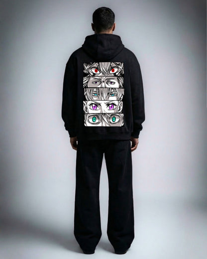 Black Bulls Eyes oversized hoodie in black worn by a model