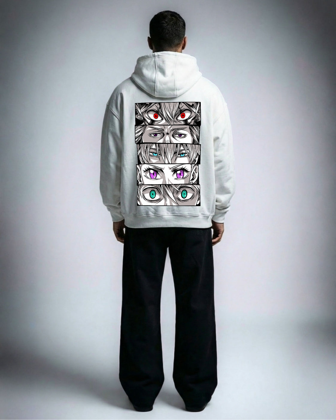 Black Bulls Eyes oversized hoodie in white worn by a model