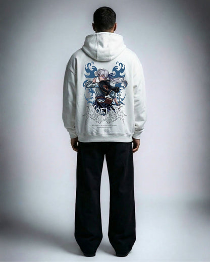 Sea Goddess oversized hoodie in white worn by a model