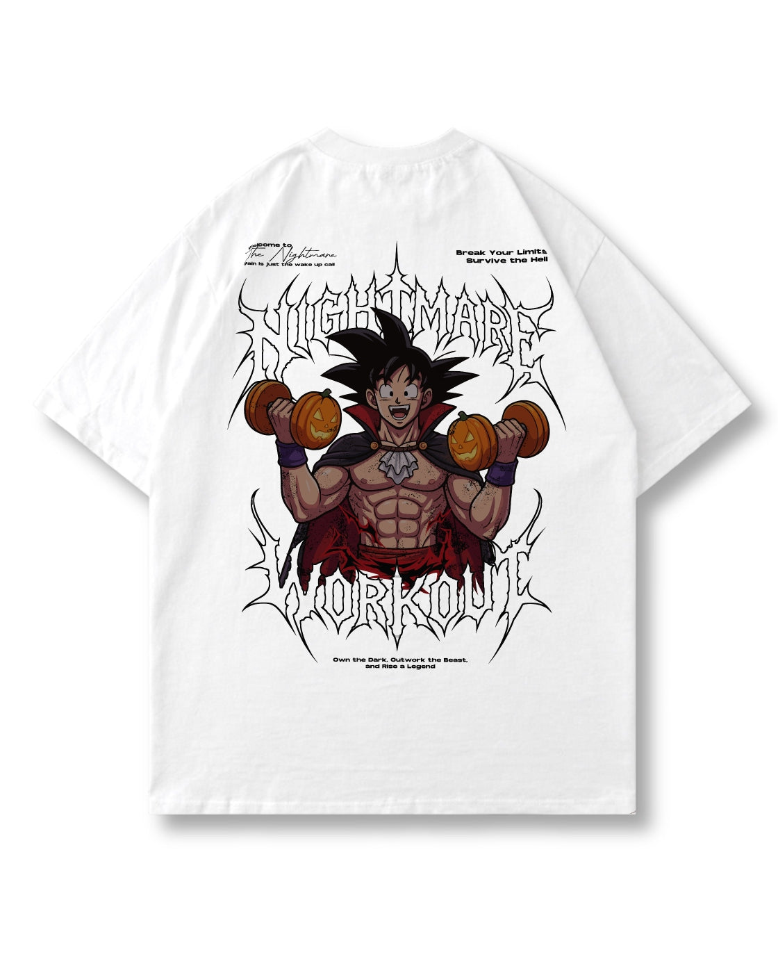 Nightmare Workout oversized shirt in white – pumpkin-dumbbell gym print, metal style