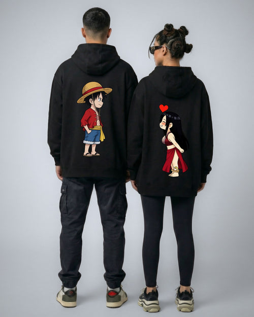 Pirates matching couple hoodies in black worn by a couple